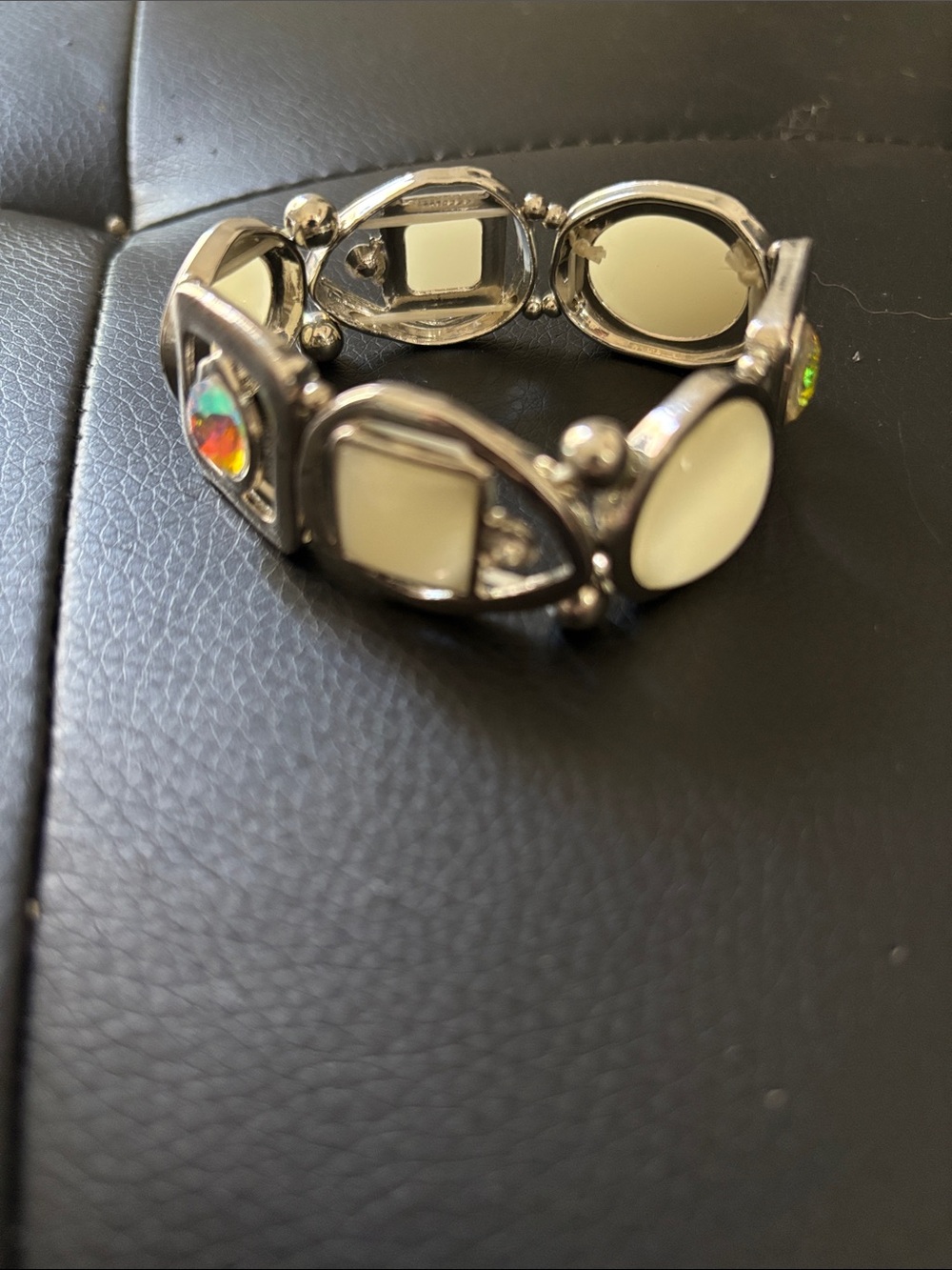 Silver-Tone Stretch Bracelet with Cream Panels and Iridescent Accents
